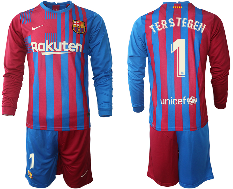 Men 2021-2022 Club Barcelona home red blue Long Sleeve #1 Nike Soccer Jersey